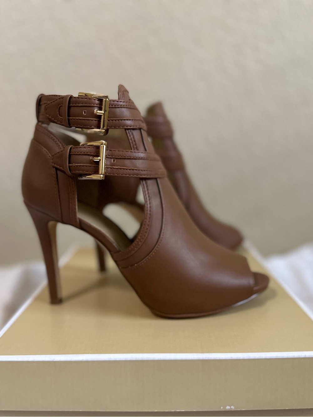 Michael Kors Brown Leather Peep-Toe Ankle Boots with Buckle Straps